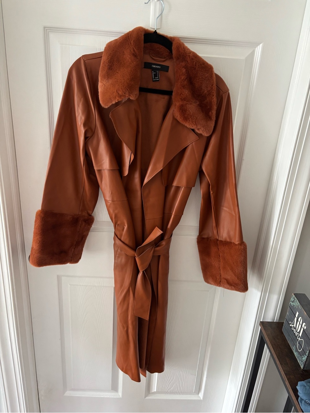 Forever 21 Burnt Orange Faux-Leather Trench Coat with Faux-Fur Trim